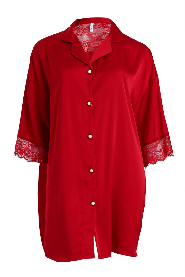 AXTZH Relaxed Fit Nightwear for Women with Shirt Collar and Soft Satin Finish X2654-SCARLET-G1S