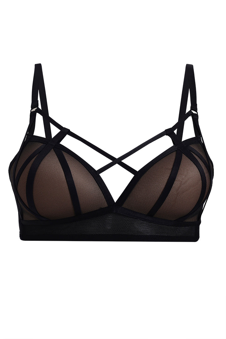 BELLAGIO Contemporary Strappy Bra with Sheer Panels and Flirty Matching Panty BB5331-BLACK-CN102