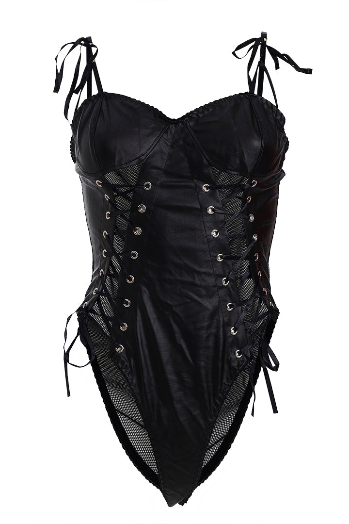 AXTZH Nightwear Stylish One-Piece Nightwear for Women with Lace-Up Corset Design and Strappy Details X0009-BLACK-BS1P