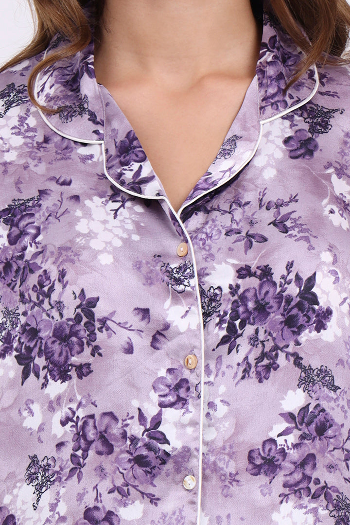 ANGELS Floral Satin Pyjama Set NIGHTWEAR AZPRINT-PURPR-C2S
