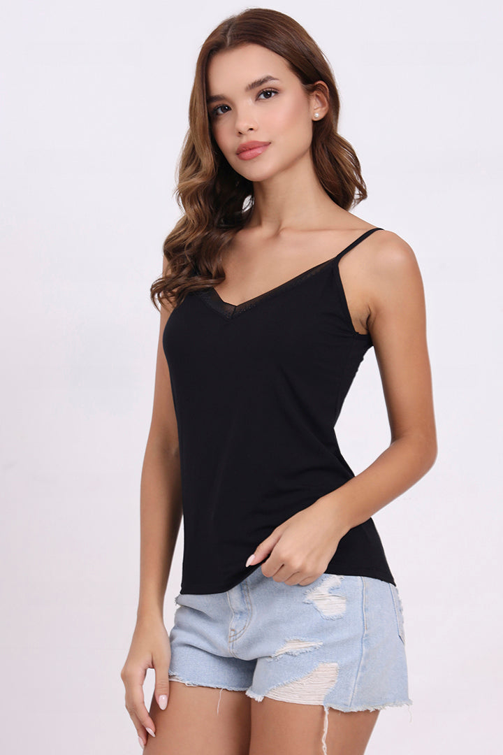 AXTZH Sheer Trim V-Neck Cami X9068-BLACK-H2MO
