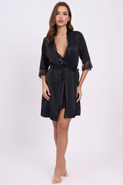 AXTZH 3-Piece Lace Trim Nightwear Set for Women X5523-BLACK-F11S