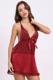 AXTZH3-Piece Lace Trim Nightwear Set for Women X5523-SCARLET-F11S