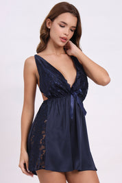 AXTZH Lace Trim Nightwear with Thong & Robe Set X9565-NAVY-F11S