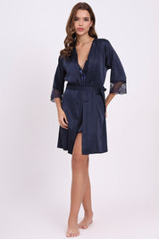 AXTZH Lace Trim Nightwear with Thong & Robe Set X9565-NAVY-F11S