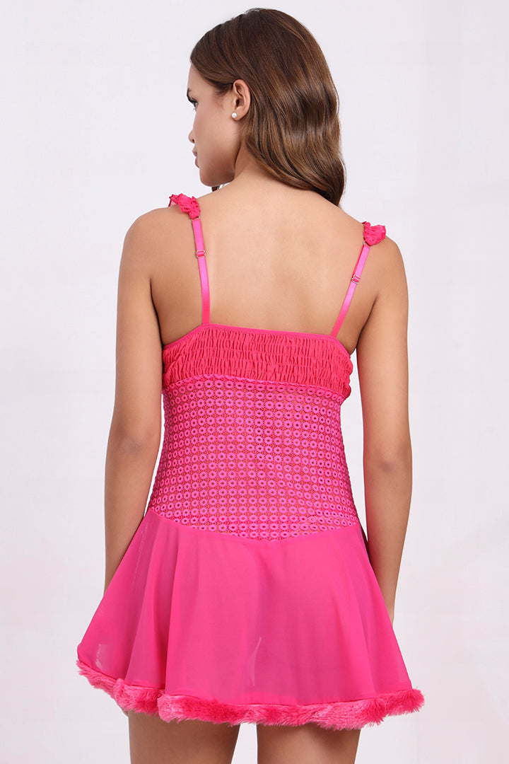 AXTZH Sheer Lace bridal Nightwear with Thong X0997-FUCHSIA-F1N