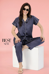 Navy ANGELS Women's Satin Pajama Nightwear Set AZPLAIN