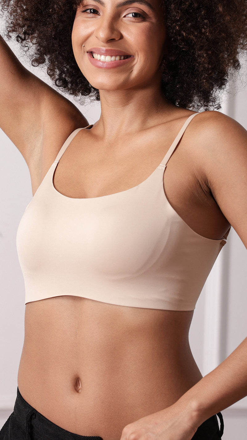 Close-up of seamless bralette scoop neckline and straps