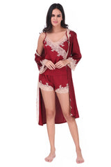 AXTZH-XNSS3PSATRD001 Scarlet luxuriously Smooth satin Night Gown  shorts with soft lace Accents-3 pcs
