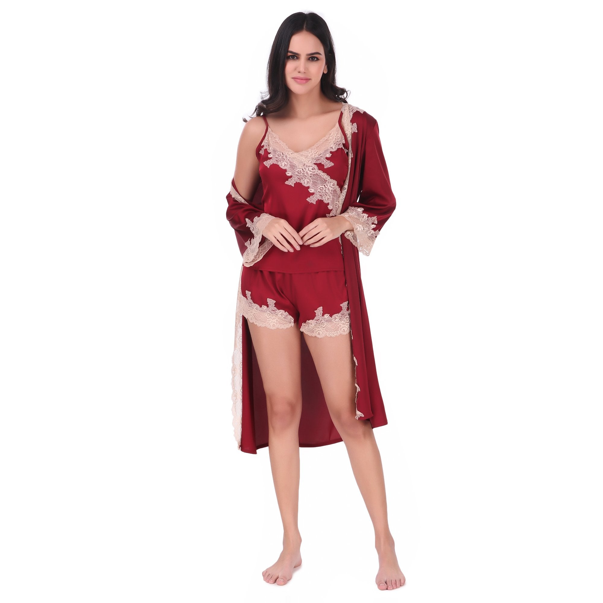 AXTZH-XNSS3PSATRD001  luxuriously Smooth satin Night Gown  shorts with soft lace Accents-3 pcs