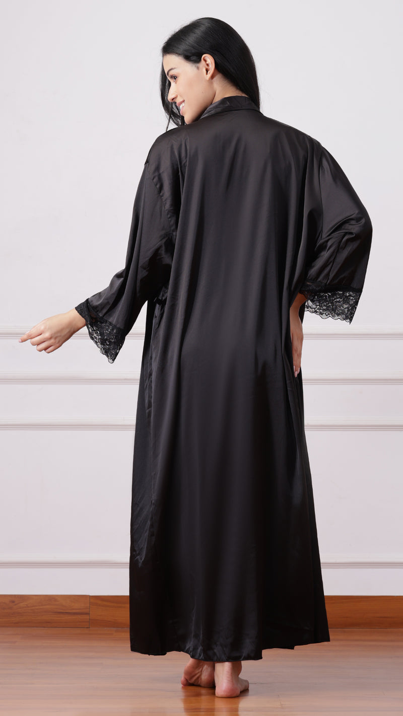 Black satin robe with lace cuff detail, back view