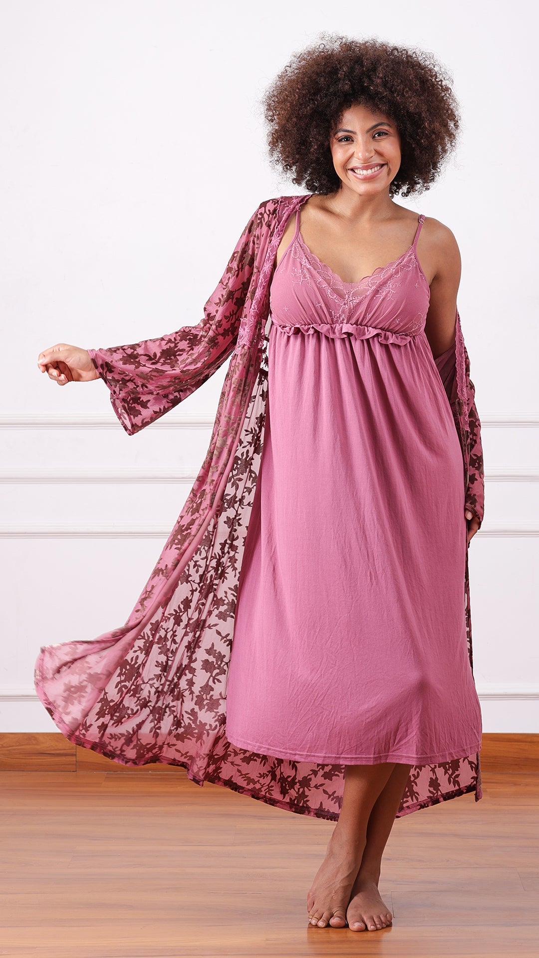 Mauve pink nightdress with lace trim and floral print robe, front view