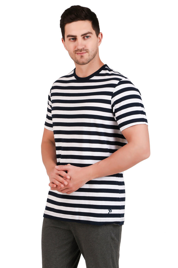 Jockey-2715 Super Combed Cotton Rich Striped Round Neck Half Sleeve T-Shirt -NV-WH