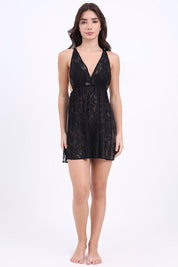 AXTZH Lace Nightwear Set with Robe & Thong NW X5527-BLACK-F11N
