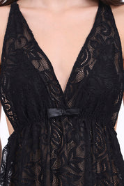 AXTZH Lace Nightwear Set with Robe & Thong NW X5527-BLACK-F11N