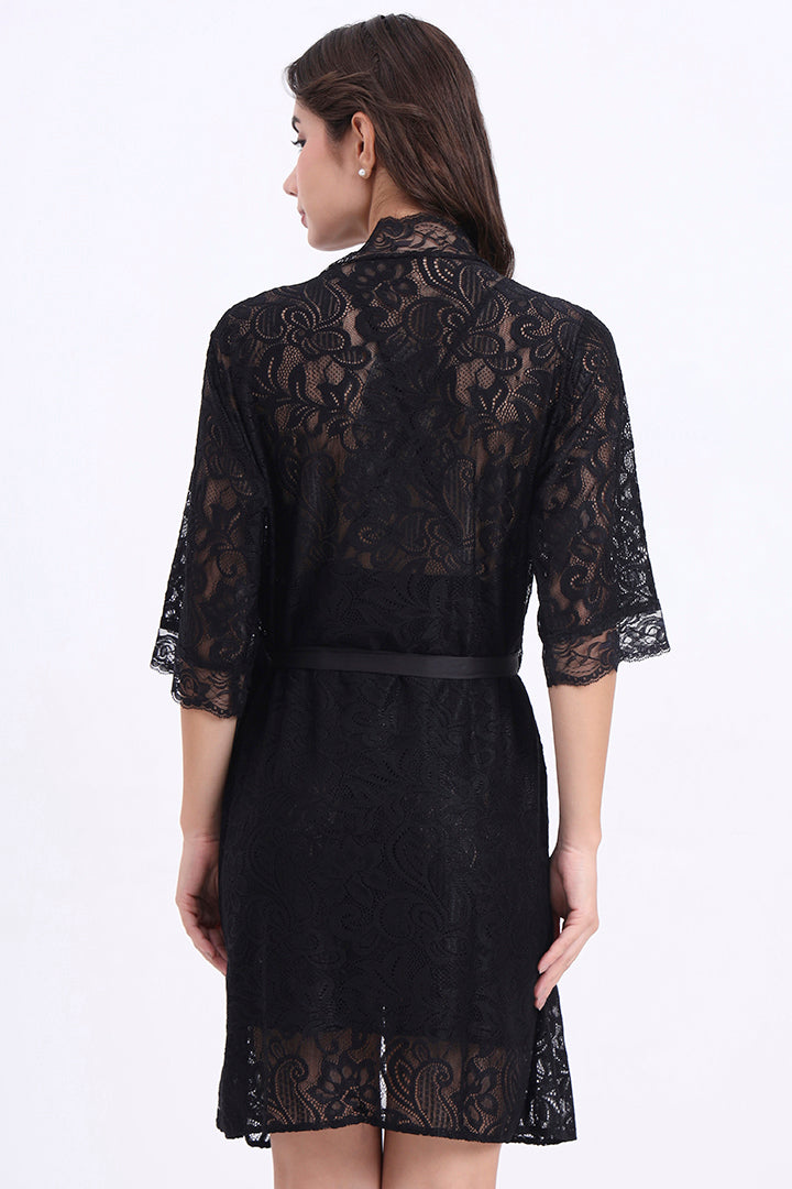 AXTZH Lace Nightwear Set with Robe & Thong NW X5527-BLACK-F11N