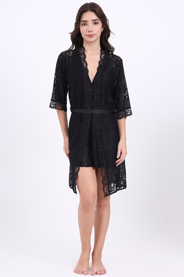 AXTZH Lace Nightwear Set with Robe & Thong NW X5527-BLACK-F11N