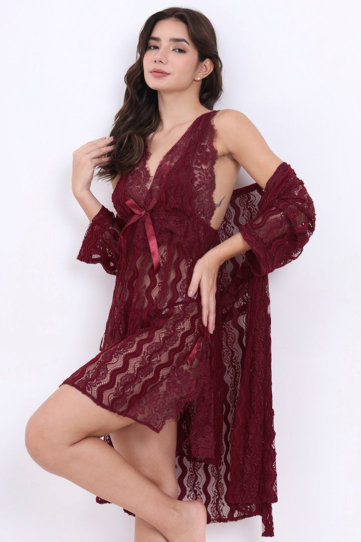 AXTZH Lace Nightwear Set with Robe & Thong NW X5527-SCARLET-F11N