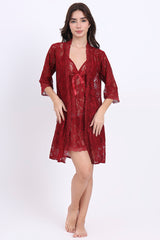 AXTZH Sheer Lace Nightwear Set with Robe & Thong NW X5521-SCARLET-F11N