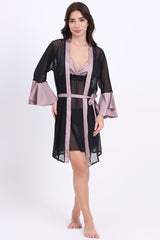 AXTZH Satin and Sheer Lace Nightwear Set with Thong and Robe NWX8803-FF-F11N