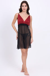 AXTZH Satin and Sheer Lace Nightwear Set with Thong and Robe NW X8803-SCARLET-F11N