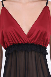 AXTZH Satin and Sheer Lace Nightwear Set with Thong and Robe NW X8803-SCARLET-F11N