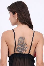 AXTZH Satin and Sheer Lace Nightwear Set with Thong and Robe NW X8803-SCARLET-F11N