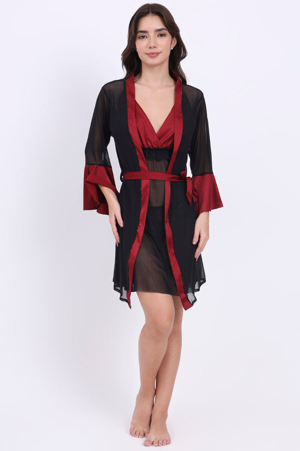 AXTZH Satin and Sheer Lace Nightwear Set with Thong and Robe NW X8803-SCARLET-F11N