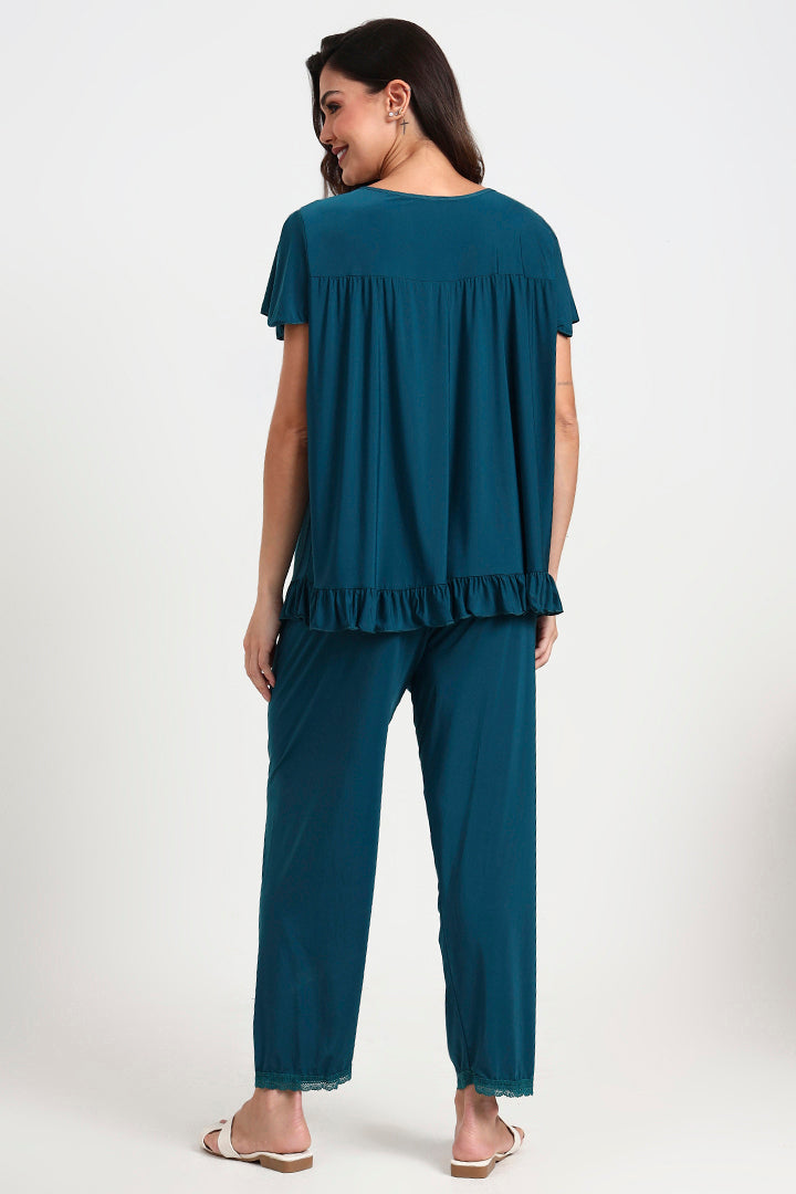 AXTZH Comfortable Two-Piece Nightwear Set for Women with Relaxed Top and Easy-Fit Bottoms X8010-PINE-C9M