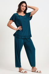 AXTZH Comfortable Two-Piece Nightwear Set for Women with Relaxed Top and Easy-Fit Bottoms X8010-PINE-C9M