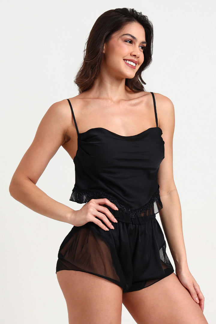 AXTZH Playful and Elegant 2-Piece Nightwear Set for Women with Delicate Sheer Detailing X0216-BLACK-A4S