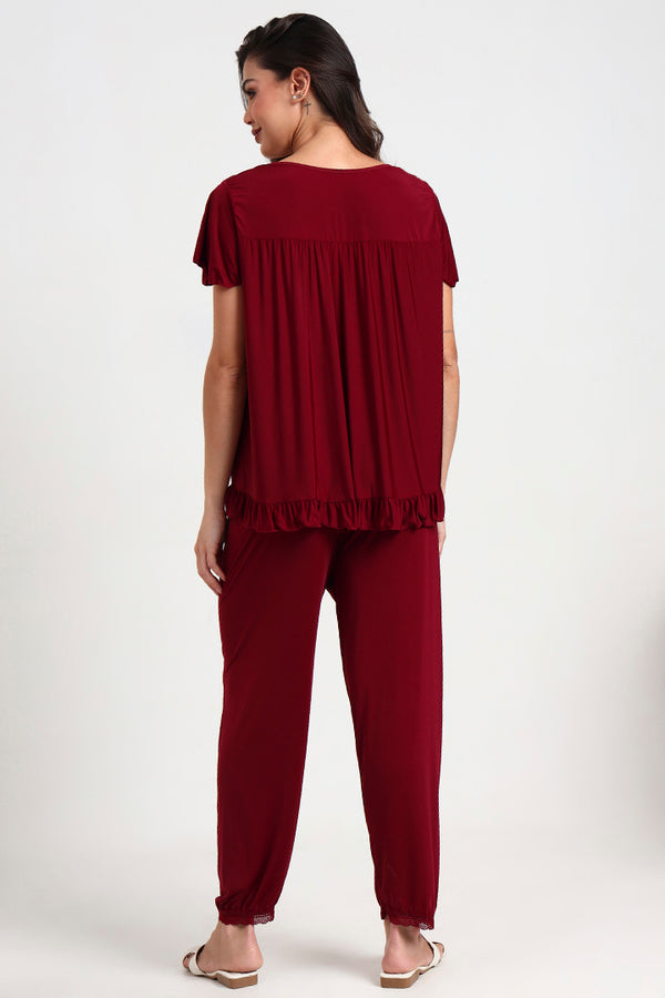 AXTZH Comfortable Two-Piece Nightwear Set for Women with Relaxed Top and Easy-Fit Bottoms X8010-MERLOT-C9M