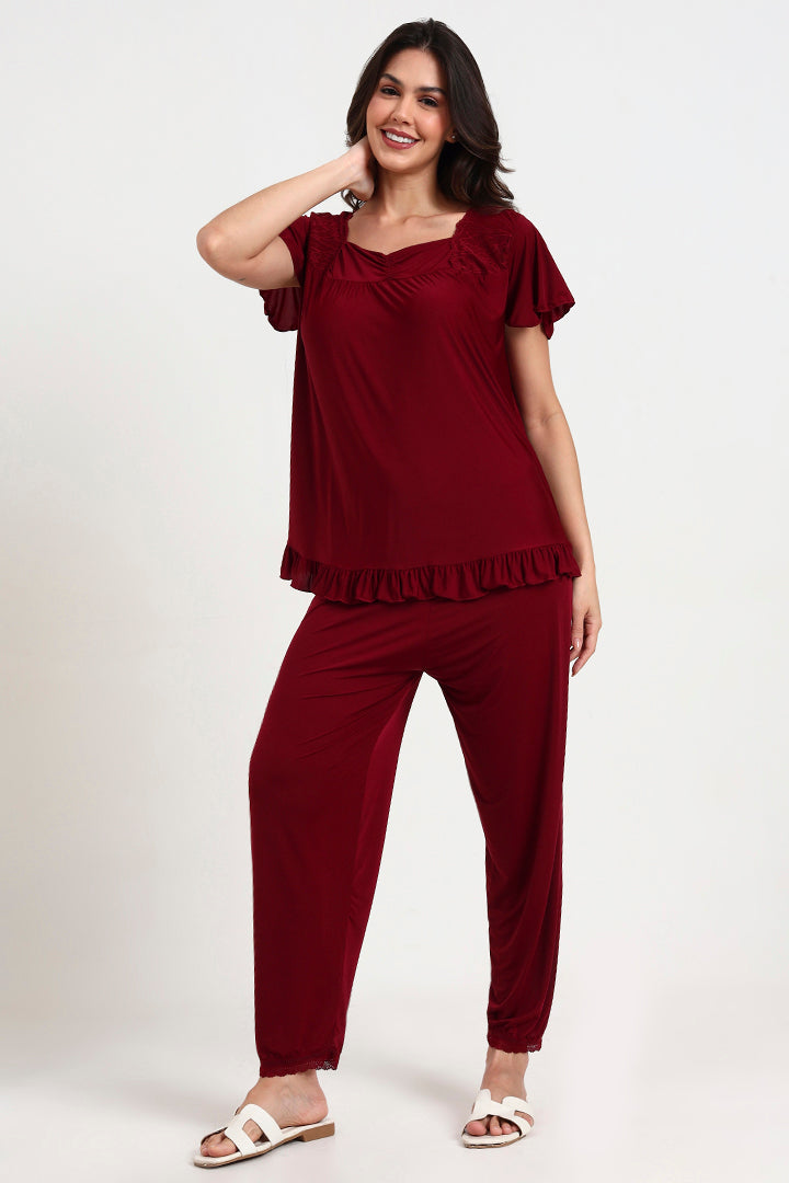 AXTZH Comfortable Two-Piece Nightwear Set for Women with Relaxed Top and Easy-Fit Bottoms X8010-MERLOT-C9M