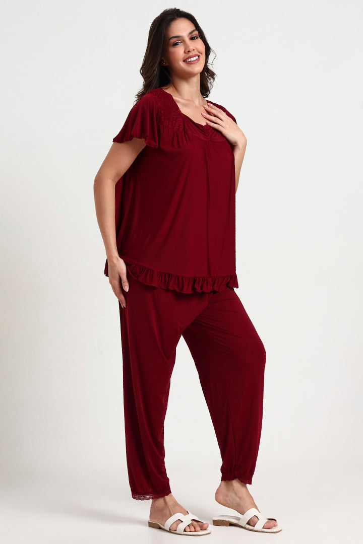 AXTZH Comfortable Two-Piece Nightwear Set for Women with Relaxed Top and Easy-Fit Bottoms X8010-MERLOT-C9M