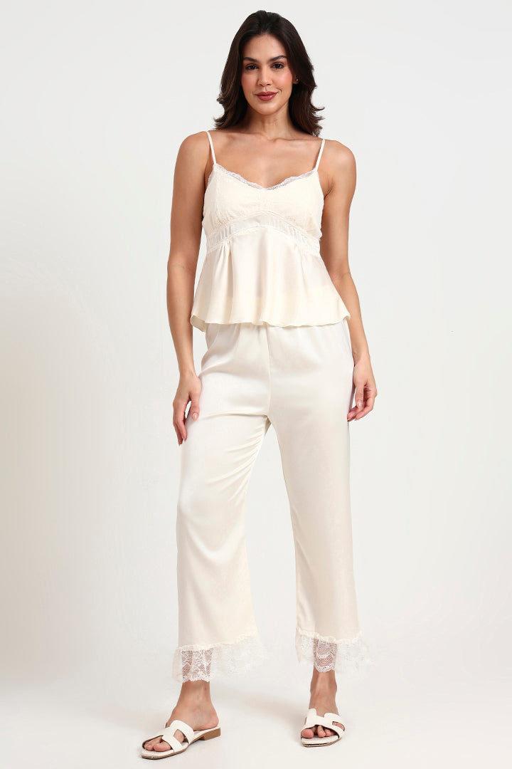 AXTZH Luxurious Women’s Nightwear Set with Lace-Trimmed Robe, Inner Top, and Matching Bottoms X0351-IVORY-NSL3PS