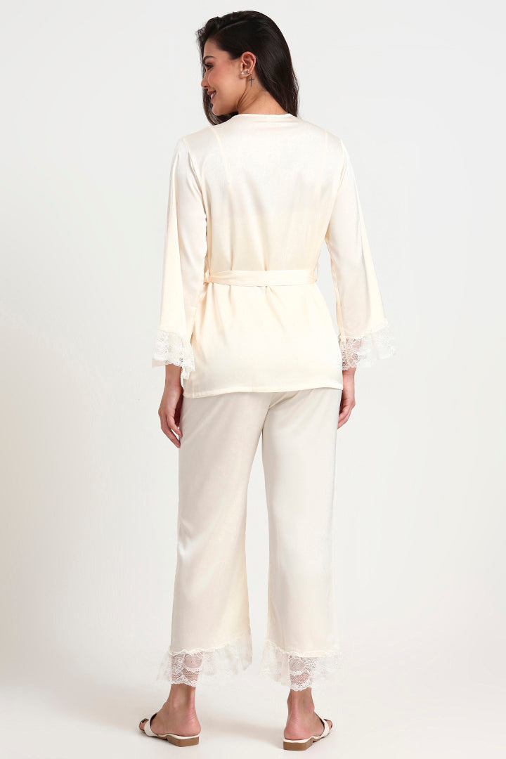 AXTZH Luxurious Women’s Nightwear Set with Lace-Trimmed Robe, Inner Top, and Matching Bottoms X0351-IVORY-NSL3PS