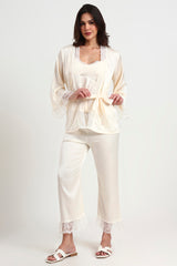 AXTZH Luxurious Women’s Nightwear Set with Lace-Trimmed Robe, Inner Top, and Matching Bottoms X0351-IVORY-NSL3PS