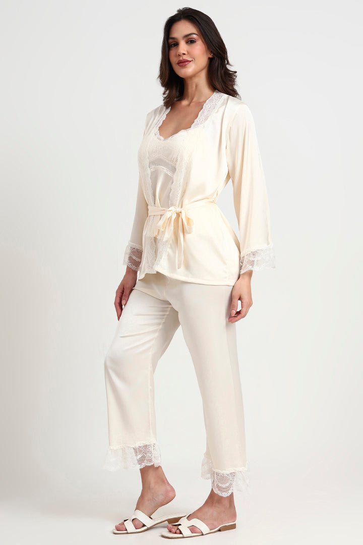 AXTZH Luxurious Women’s Nightwear Set with Lace-Trimmed Robe, Inner Top, and Matching Bottoms X0351-IVORY-NSL3PS