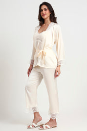 AXTZH Luxurious Women’s Nightwear Set with Lace-Trimmed Robe, Inner Top, and Matching Bottoms X0351-IVORY-NSL3PS