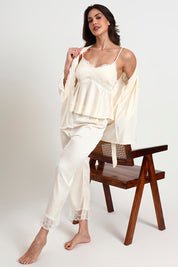 AXTZH Luxurious Women’s Nightwear Set with Lace-Trimmed Robe, Inner Top, and Matching Bottoms X0351-IVORY-NSL3PS