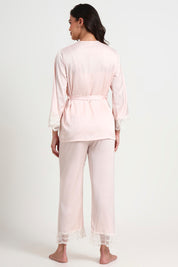 AXTZH Luxurious Women’s Nightwear Set with Lace-Trimmed Robe, Inner Top, and Matching Bottoms X0351-BLUSH-NSL3PS