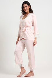 AXTZH Luxurious Women’s Nightwear Set with Lace-Trimmed Robe, Inner Top, and Matching Bottoms X0351-BLUSH-NSL3PS