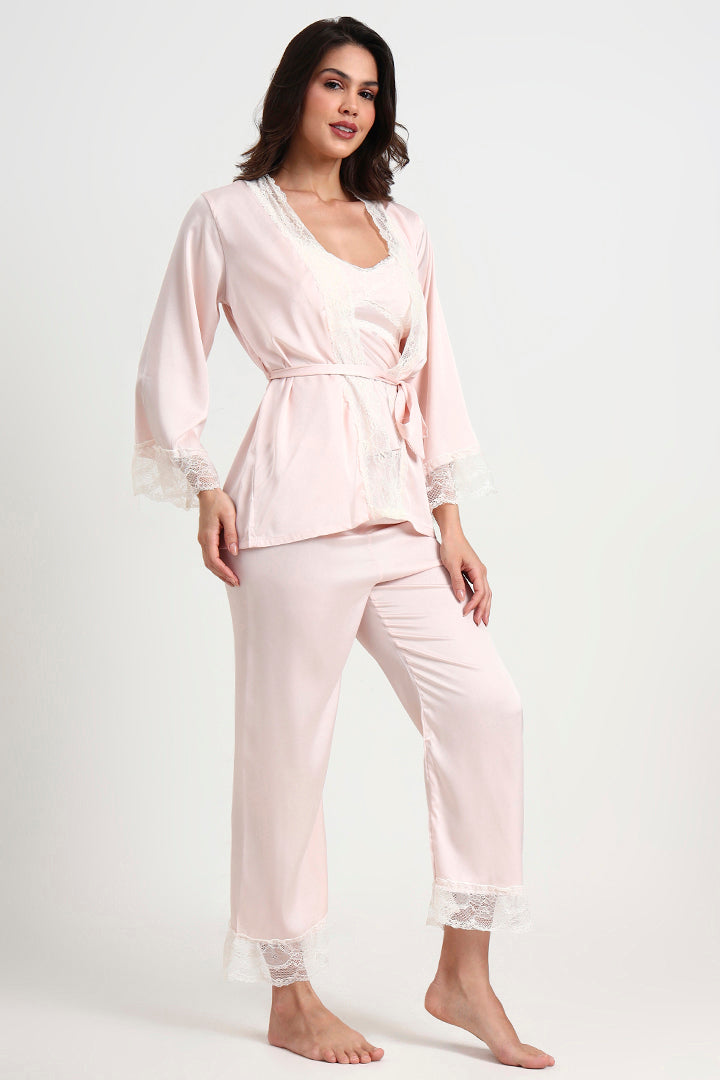 AXTZH Luxurious Women’s Nightwear Set with Lace-Trimmed Robe, Inner Top, and Matching Bottoms X0351-BLUSH-NSL3PS