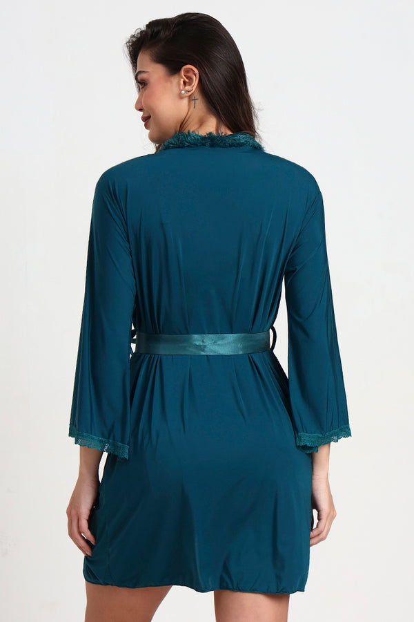 AXTZH Romantic Nightwear Set for Women with Satin Robe, Matching Slip and Innerwear  X8027-PINE-S3PM