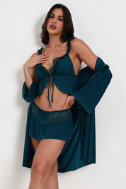 AXTZH Romantic Nightwear Set for Women with Satin Robe, Matching Slip and Innerwear  X8027-PINE-S3PM