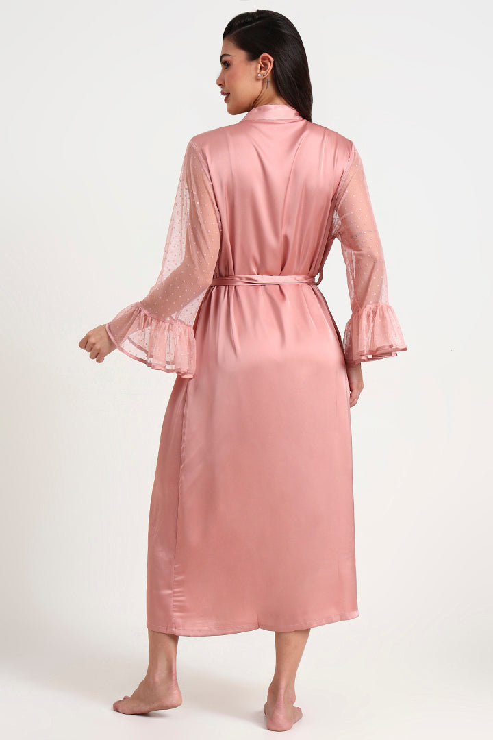 AXTZH Graceful Two-Piece Women’s Nightwear Set with Sheer Sleeves and Embroidered Detailing X2168-BLUSH-F12S