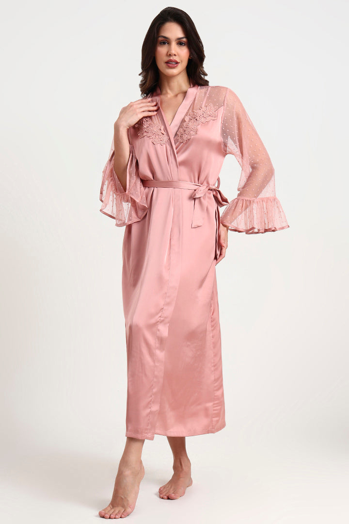AXTZH Graceful Two-Piece Women’s Nightwear Set with Sheer Sleeves and Embroidered Detailing X2168-BLUSH-F12S
