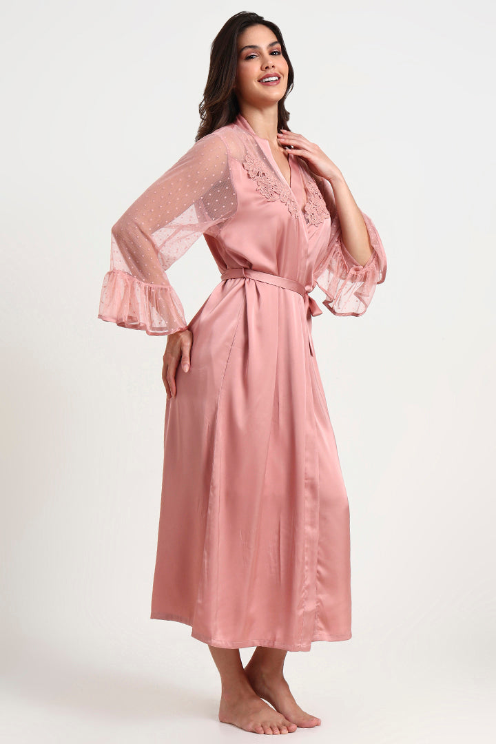 AXTZH Graceful Two-Piece Women’s Nightwear Set with Sheer Sleeves and Embroidered Detailing X2168-BLUSH-F12S