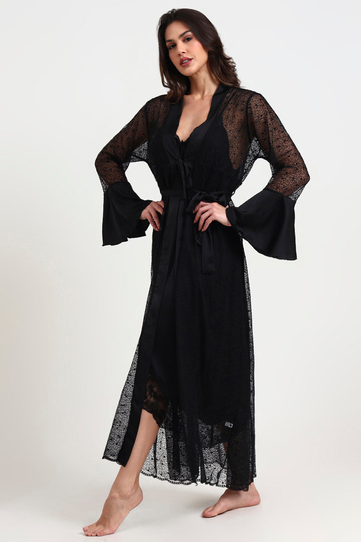 AXTZH Three-Piece Nightwear Set Blending Sheer Elegance, Comfort, and Sophistication for Women X3011-BLACK-F12S