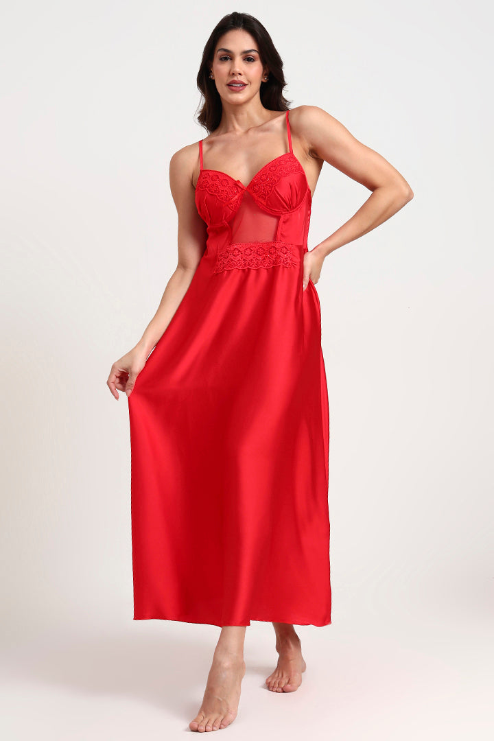 AXTZH Sophisticated and Alluring Nightwear Ensemble Featuring a Full-Length Gown with Sheer Accents X5101-CRIMSON-F22S